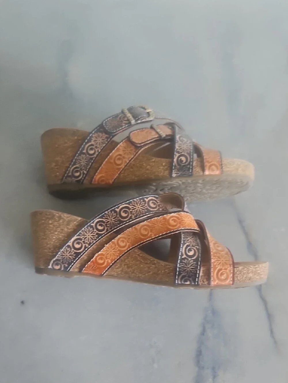 Comfort Step Women's Orange & Blue  Patterned Wedge Sandals